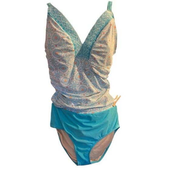 CABANA LIFE x TALBOTS Teal Coral Pink 2-Piece Tankini Swimsuit Size Large UV Pro - Picture 1 of 10